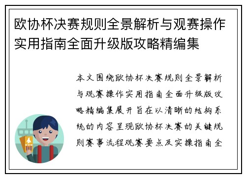 欧协杯决赛规则全景解析与观赛操作实用指南全面升级版攻略精编集