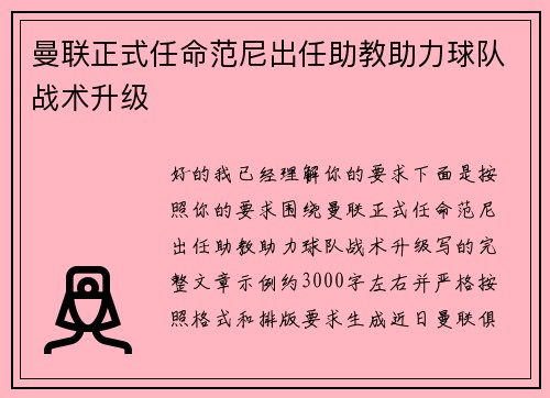 曼联正式任命范尼出任助教助力球队战术升级 曼联正式任命范尼出任助教助力球队战术升级